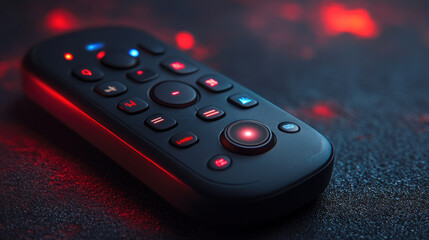 Sleek, black multimedia remote control with illuminated buttons, resting on a dark surface.  Red highlights create a dramatic effect