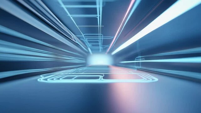 Starting camera advancing through tunnel with neon-blue grid, parallel light strips, bright portal