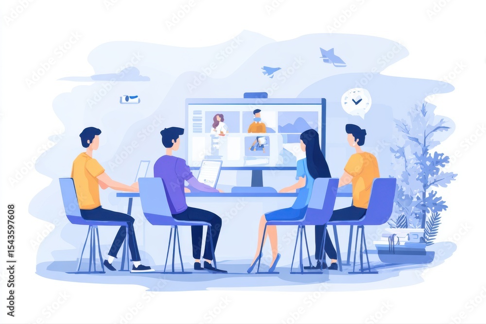 Poster a vector style illustration of a group of people sitting at a table, engaging in an online meeting w