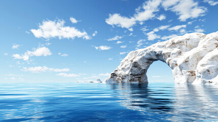 Serene environmental photo of rocky arch surrounded by calm blue waters and clear sky