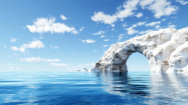 Serene environmental photo of rocky arch surrounded by calm blue waters and clear sky