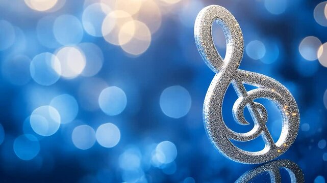 Glittery silver treble clef on a blurred blue background
