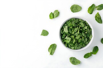 Fresh Mint Leaves in Bowl White Background Herbal Ingredient Cooking Recipe