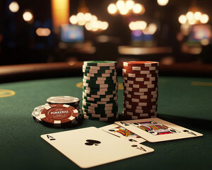 Poker Table: A vibrant composition of poker chips, playing cards, and casino atmosphere, offering a glimpse into the exciting game of chance and high-stakes moments. 