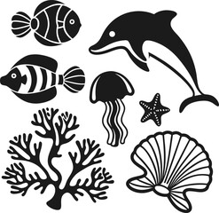 Fototapeta premium Marine life silhouette collection of fish dolphin jellyfish starfish coral and seashell