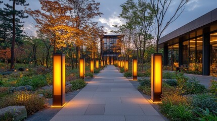 Pathway lined with illuminated, tall posts in a landscaped garden area.