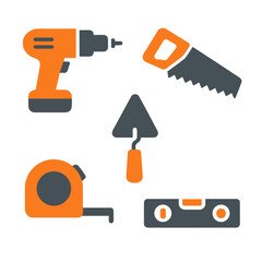 Hand tools and equipment icons in orange and gray
