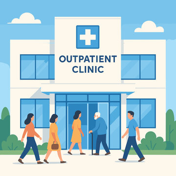People entering outpatient clinic on sunny day