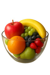 Title: Fresh and Colorful Assortment of Ripe Fruits in a Glass Bowl on White / Png Background