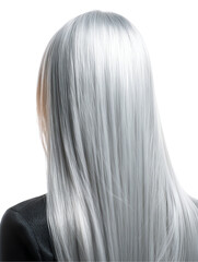 Naklejka premium Icy tone hairstyle design, Mid-length straight silver gray hair with clean shine, mid-length straight silver gray hair with icy soft sheen, mid-length straight silver gray hair in fashion hair visual.