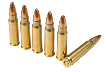  row of five bullets with a gold-colored  tip  isolated on white background, png ai generated