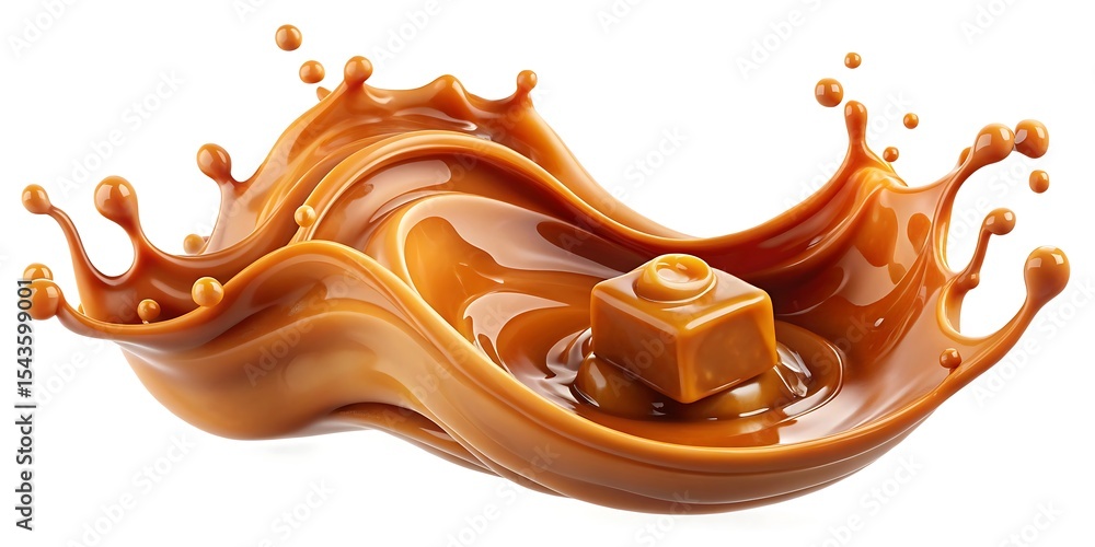 Poster caramel cube splashing in a pool of caramel isolated on white background