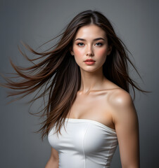 Beautiful woman with long, flowing hair and a white dress