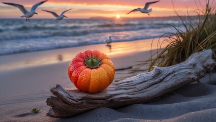 Gourd resting on driftwood at beach during sunset with seagulls