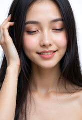 Beautiful Asian woman with closed eyes and a soft smile.
