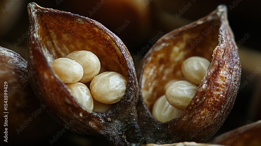 Poster close up view of open seed pods with seeds inside them