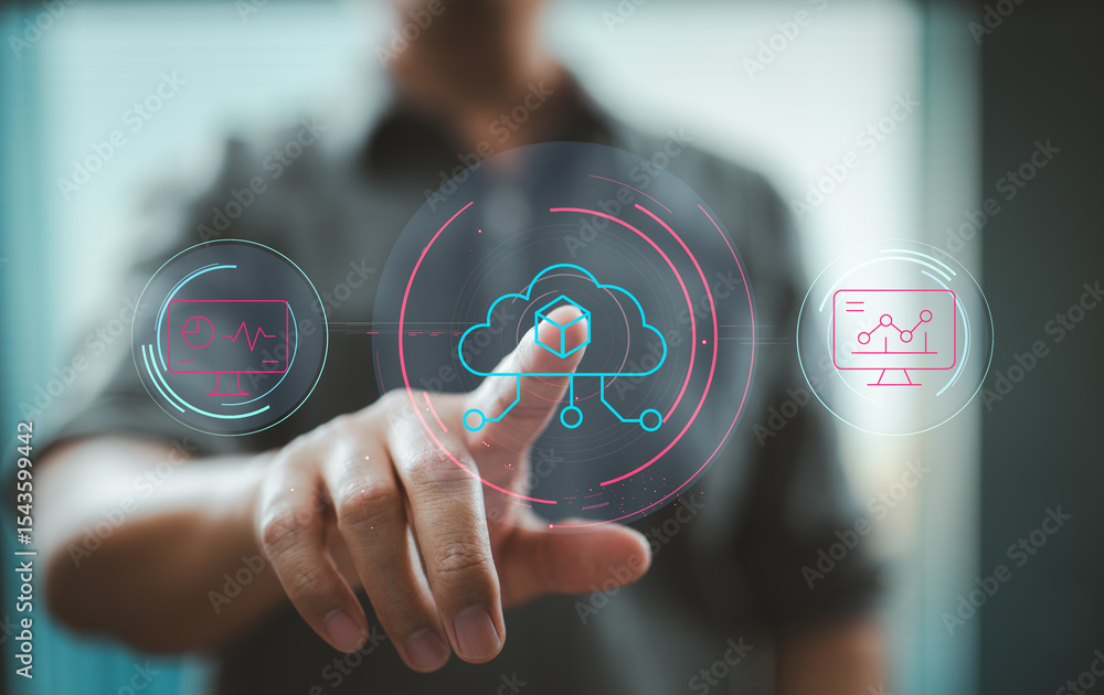 Poster Man interacting with futuristic cloud computing interface