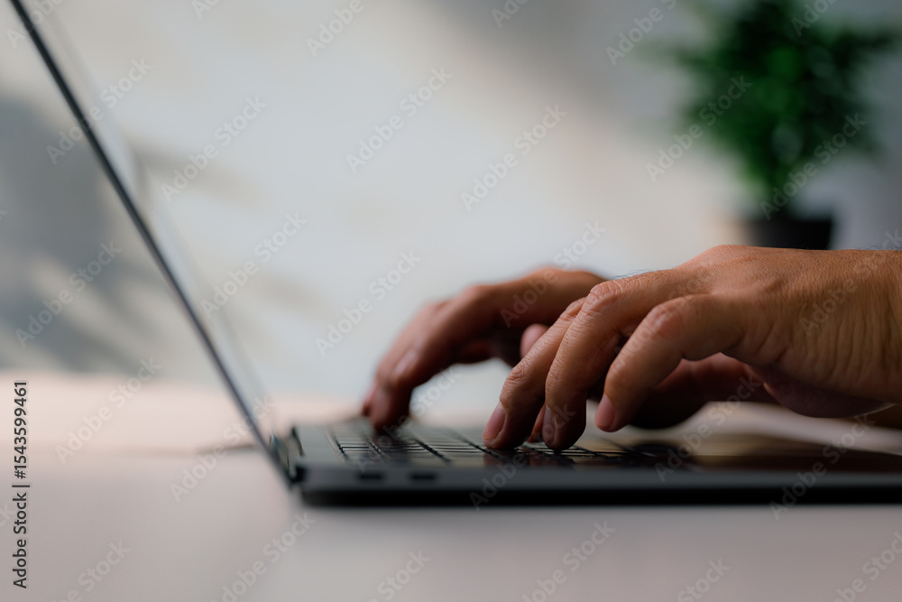 Poster typing on laptop keyboard with modern office background