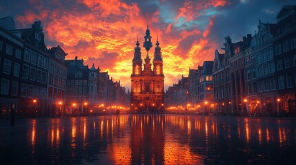 Fototapeta premium Dramatic sunset over historical European city square