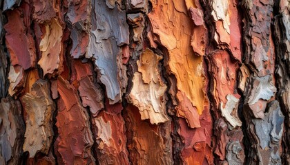 Colorful Tree Bark Texture: Close-up macro of vibrant, textured pine bark.