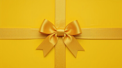 Golden bow and ribbon creating a cross on yellow background