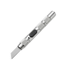 Fototapeta premium Brand new professional-grade craft hobby knife with a sleek silver metallic handle and razor-sharp pointed blade, perfectly isolated on a transparent seamless infinity background with shadowless