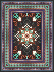 An intricate floral mandala rug with traditional borders.