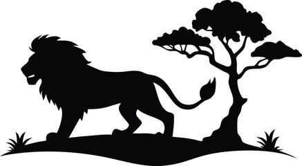 Obraz premium Majestic Lion Silhouette: Regal Wildcat Profile Near Acacia Tree on Grassy Plain - Vector Graphic for African Wildlife Illustration and Logo Design. 