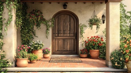 Mediterranean Home Entrance with Blooming Flowers