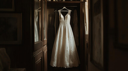 Wedding Dress Elegance: A stunning wedding dress hangs gracefully in an open wardrobe, exuding romance and anticipation in a dimly lit, rustic room, awaiting its special day.