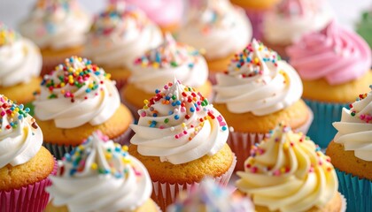 Colorful Cupcakes: Close up of sweet vanilla cupcakes topped with frosting and sprinkles.