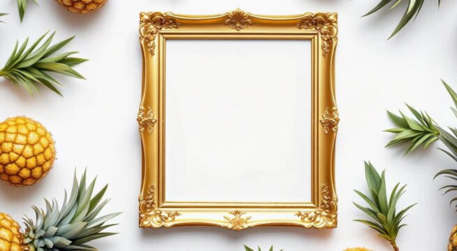 Golden ornate frame surrounded by pineapples on a white background