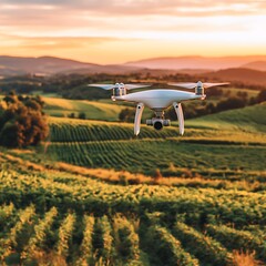 Aerial Drone Flying Over Lush Vineyard at Sunset with Distant Hills Landscape