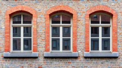 Fototapeta premium Three arched windows on a brick wall