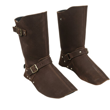 A single pair of robust, heavy-duty dark brown split leather welding spats with reinforced stitching and metal buckles, slightly worn texture, on a pristine transparent background with
