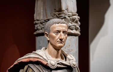 Realistic portrait of Julius Caesar in Roman military attire with marble column and laurel wreath, ideal for history education