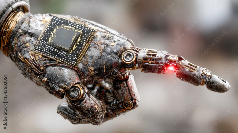 Poster two robotic hands shaking, one with exposed circuitry and the other with a visible processor chip
