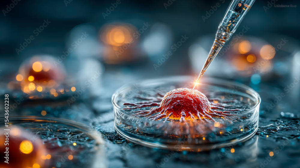 Poster a petri dish with a glowing red biological sample being carefully injected with fluid using a precis
