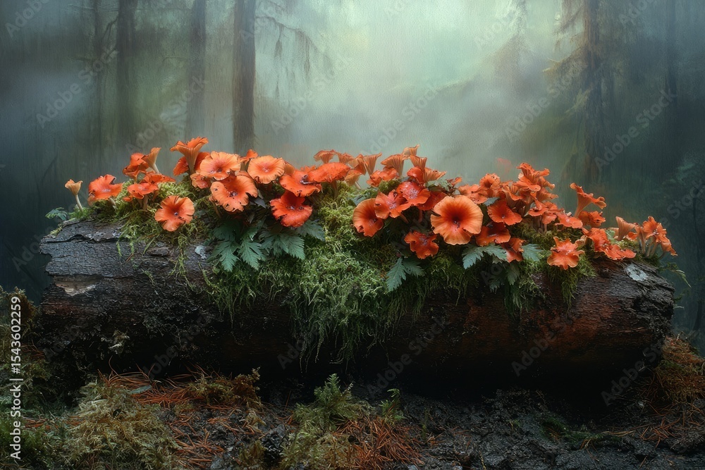 Poster orange mushrooms and moss adorn a decaying log in a misty forest, creating an ethereal scene.