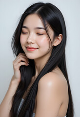 Portrait of a Smiling Asian Woman with Long Black Hair