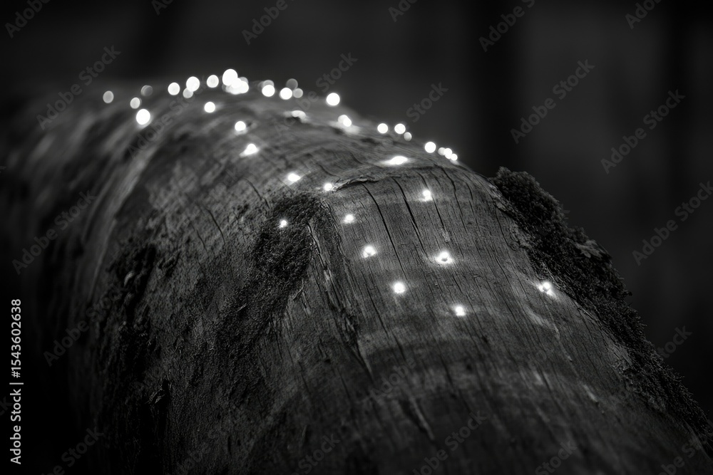 Aufkleber glowing lights illuminating the textured surface of a weathered log in a dark setting.