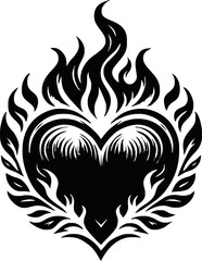 burning heart silhouette. Fire around the heart shape tattoo style. black love symbol isolated on white background. Vector illustration