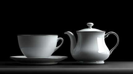 Elegant white tea set on dark background