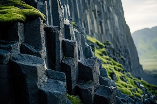 A breathtaking view of basalt columns covered in vibrant green moss, showcasing Iceland's dramatic landscape.