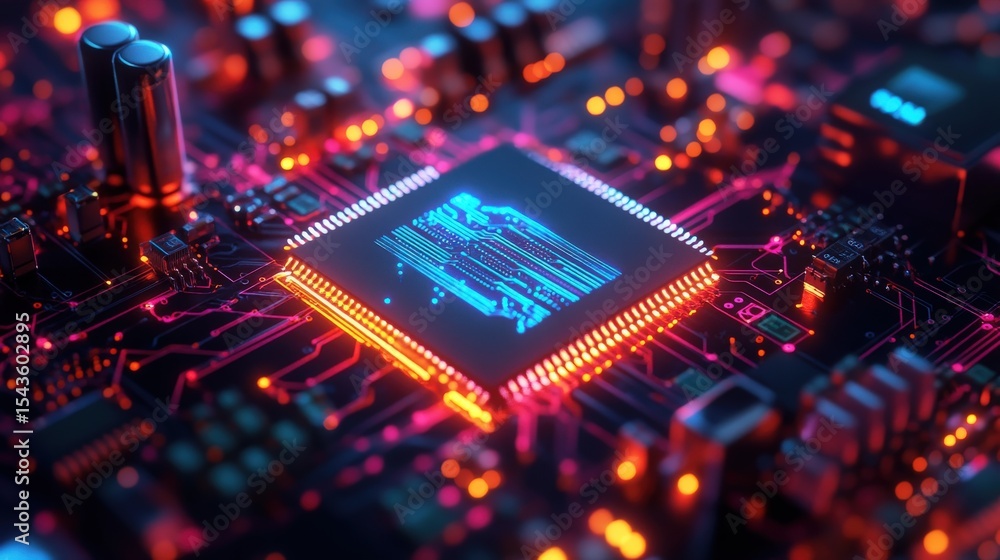 Poster the illuminated electronic circuitry board shows a processing microchip