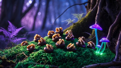Obraz premium Walnut Chocolate Treats on Moss with Fantasy Mushroom Lights