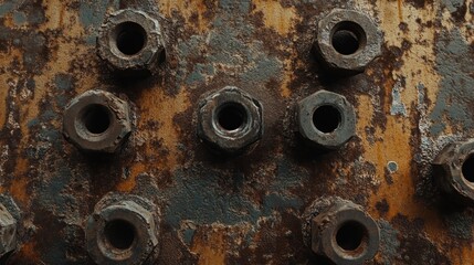 Rusty Metal Texture: Close-up of corroded metal plate with nuts