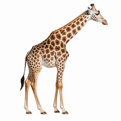Naklejka premium Graceful Giraffe in Profile: A majestic giraffe, with its iconic spotted coat, stands tall in a studio shot. Its long neck and legs exemplify the beauty of nature.