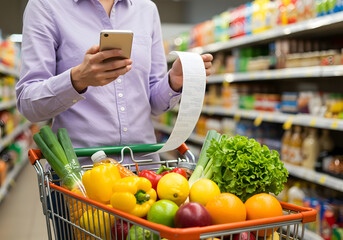 Woman Checking Shopping List on Phone While Grocery Shopping in Supermarket