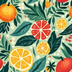 Gardinen Küche Muster  Fruit floral pattern with oranges, lemons, grapefruits and leaves  © luthfi